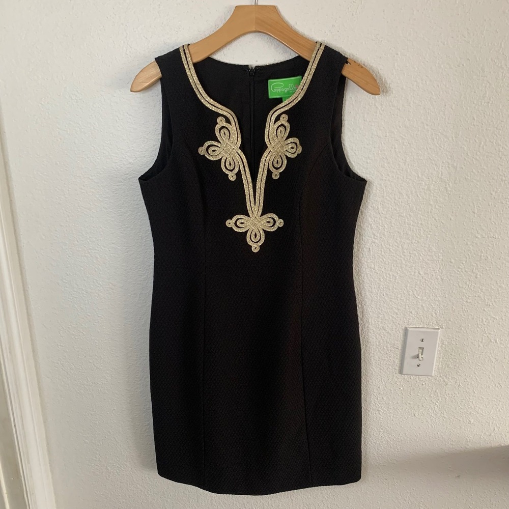 Pappagallo Black Gold Soutache Embroidery Sleeveless Shift Dress Womens 8
